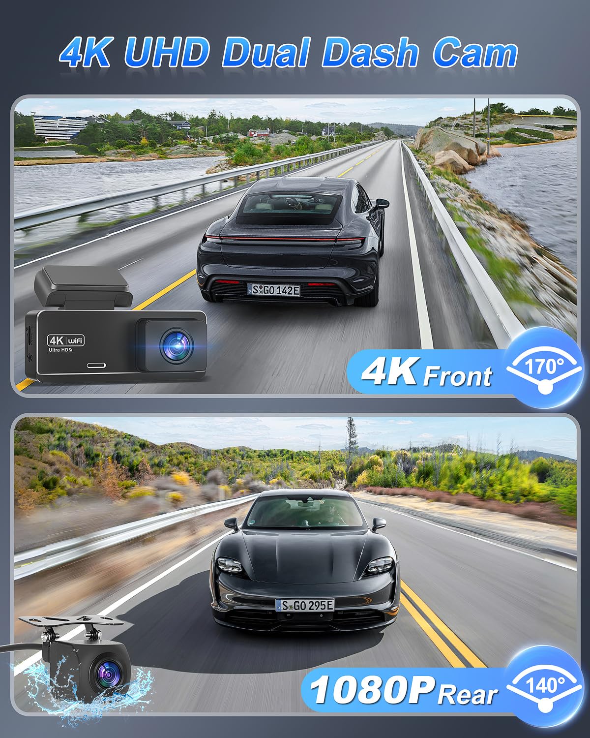 Dash Cam Front And Rear Camera 4K, Wifi Dash Camera For Cars Front And Rear With App, 4K+1080P Car Camera With 64Gb Card, 2.99''